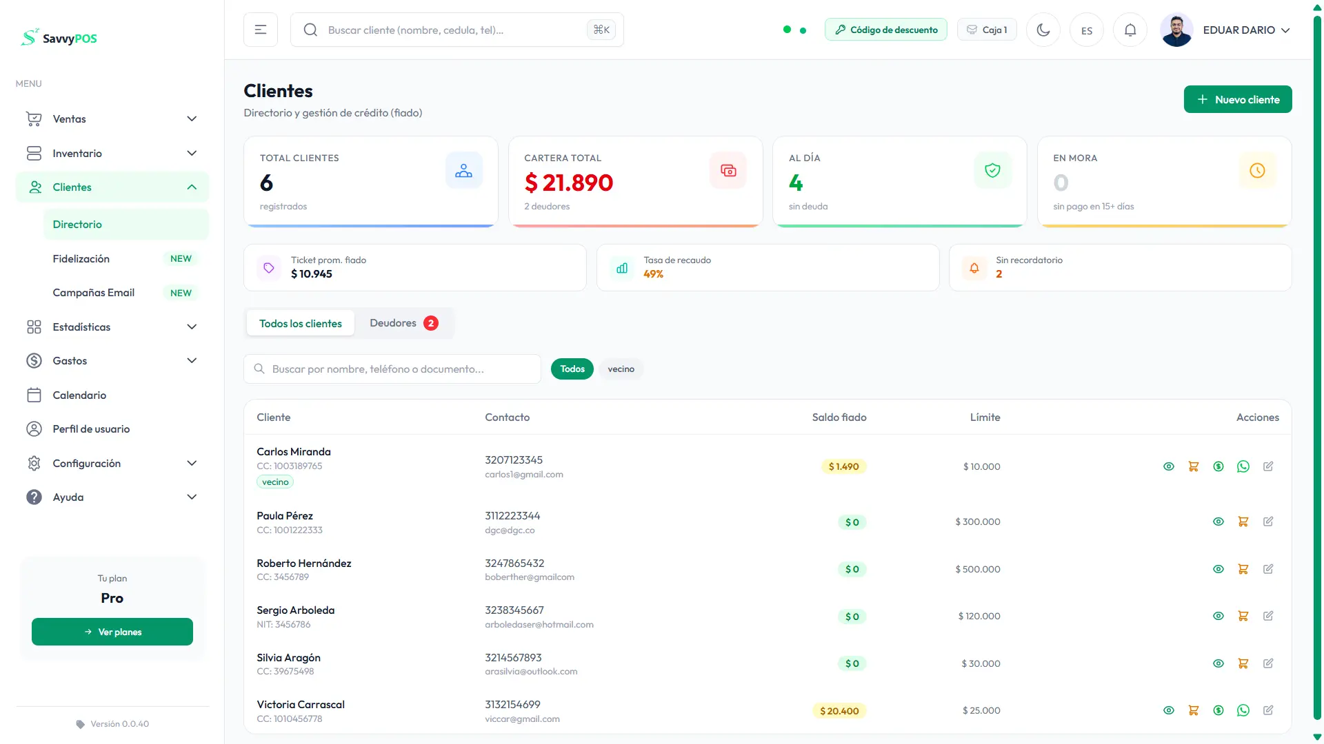 Screenshot de Clientes y Fiado